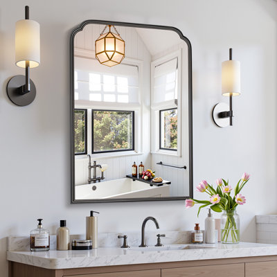 Modern Rounded Corner Rectangle Bathroom Vanity Mirror for Over Sink Framed French Cleat Mounted Wall Mirror