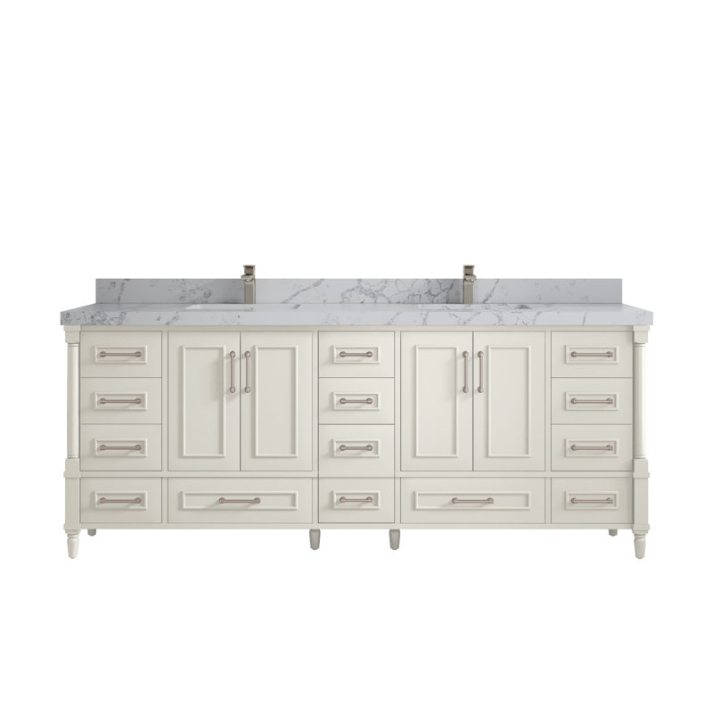 Aberdeen 84'' Double Bathroom Vanity with Quartz Top, Venatino, Alabaster