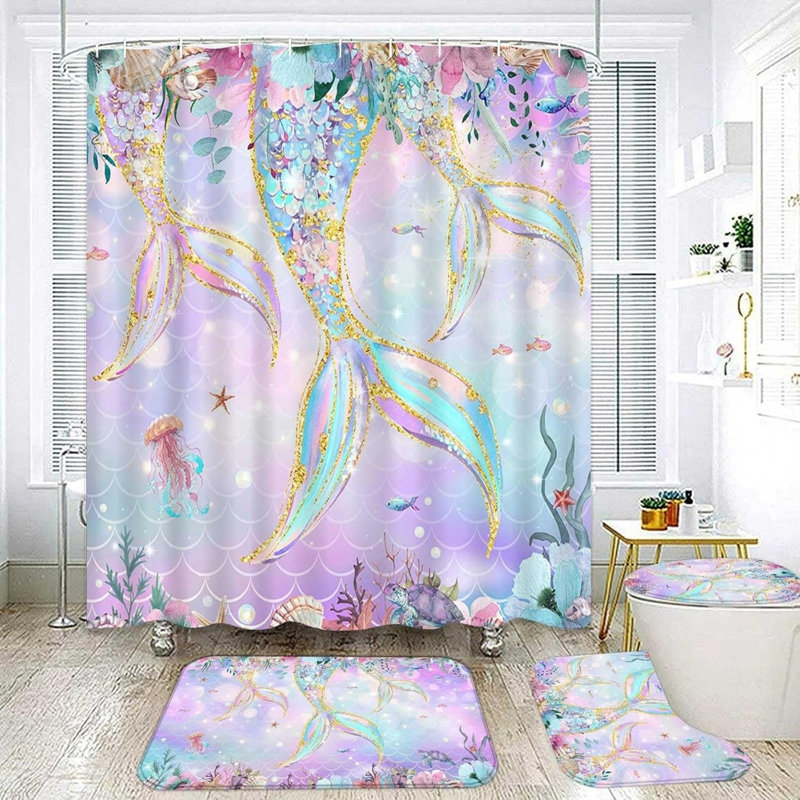 Ensemble de salle de bain sirène 4 pièces avec rideau de douche, Rose abstrait