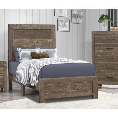 Lit simple avec une touche rustique - finition brune, tête de lit et rails de chambre à coucher en bois de teinte et construction d'ingénierie