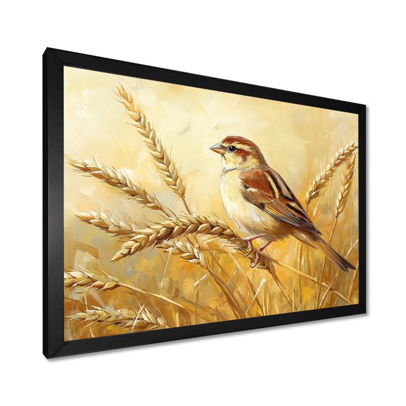 Oiseau moineau dans le champ de blé III - grand oiseau, art mural, H 12 po x l 20 po, Cadre simple, Noir