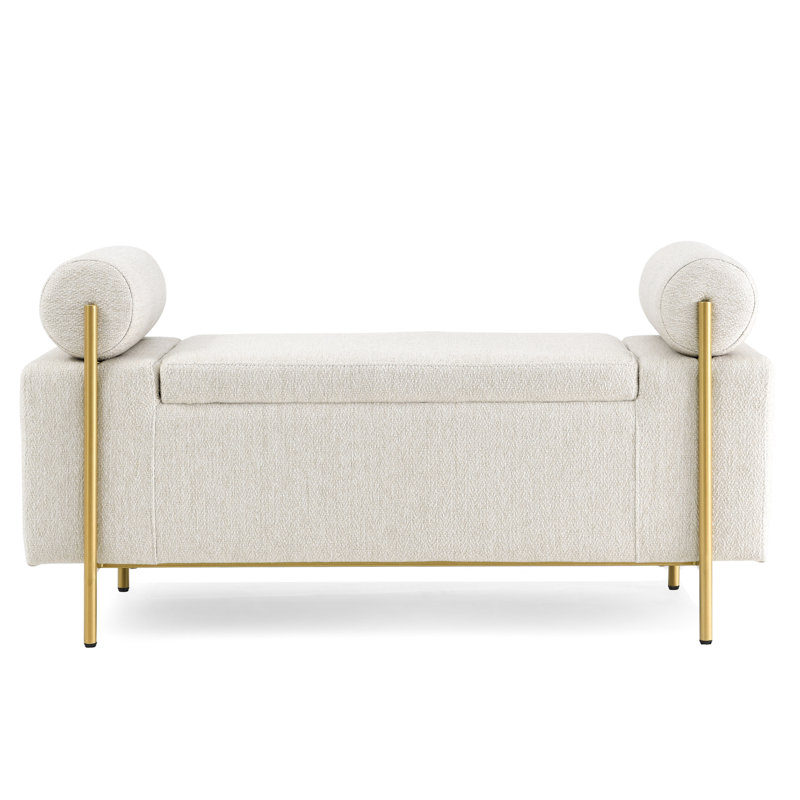 Upholstered Linen Storage Bench In Beige With Cylindrical Arms And Solid Iron Foundation For Living Room Bedroom Hallway Resilient Leg Support System