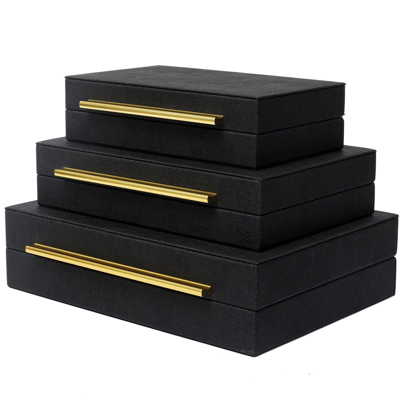 Ensemble de 3 boîtes de rangement en simili cuir Chagreen, Noir, noir, noir, noir