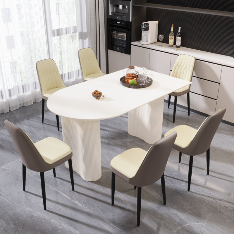 Ensemble de table de salle à manger en bois aggloméré 63 po 63 po, 7 pièces : table, 6 chaises, Beige/gris