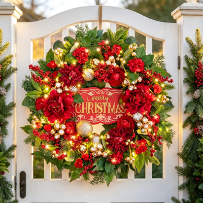 24 Inch Christmas Wreath for Front Door, Pre-Lit Holiday Wreath with Red Flowers, Berry Branches, Gold and Silver Ornaments, Lush Greenery and Merry Christmas Sign, Elegant Farmhouse Christmas Door Decor for Indoor and Covered Outdoor Holiday Decoration