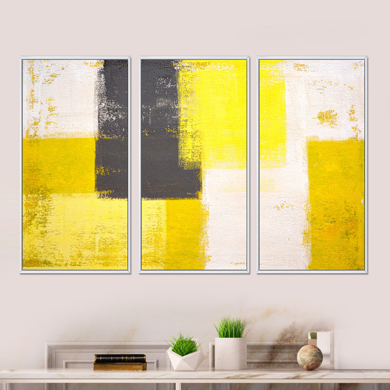 Gris et jaune bleu abstrait I - ensemble d'art moderne sur toile encadrée moderne de 3, H 28 po x l 36 po x P 1 po