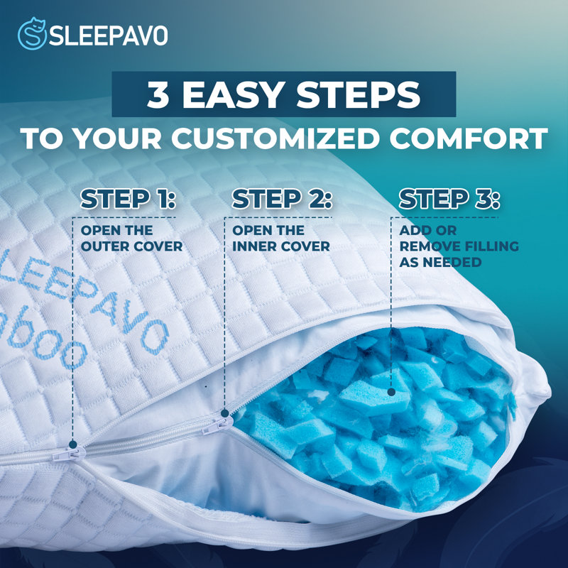 Sleepavo Adjustable Shredded Memory Foam Pillow Queen Size - Soft Or Firm Rayon Derived From Bamboo Pillow For Side Sleepers, Stomach & Back - Cooling Bed Pillow For Sleeping Premium Comfortable Pillow