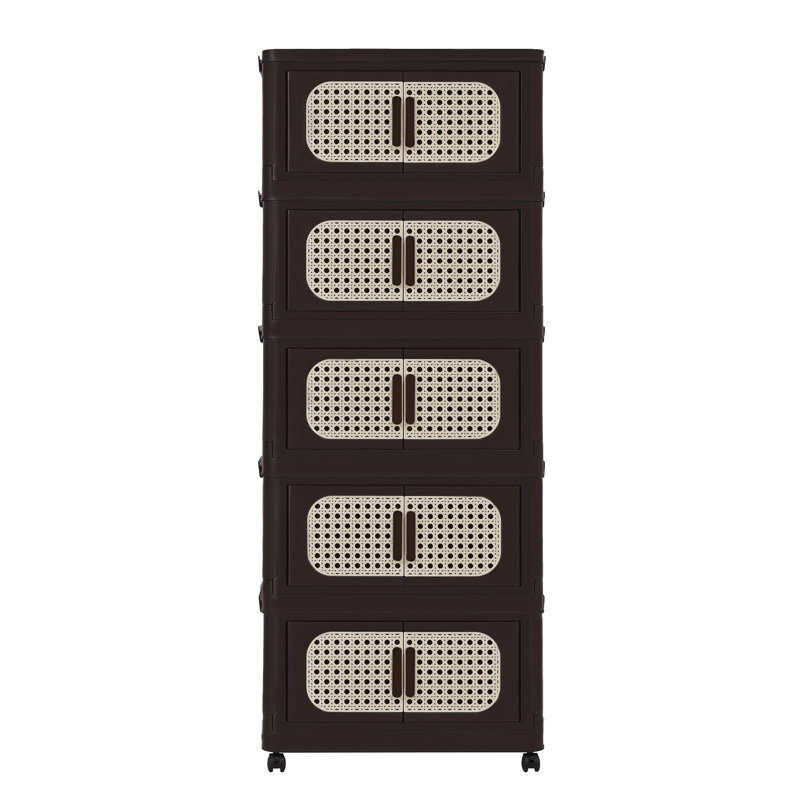 Retro Brown,20" Side Wide Folding Storage Cabinet,5 Tiers,19.69"×11.81"×50.00",Collapsible Storage Bins With Magnetic Door, Plastic Storage Cabinet With Wheels