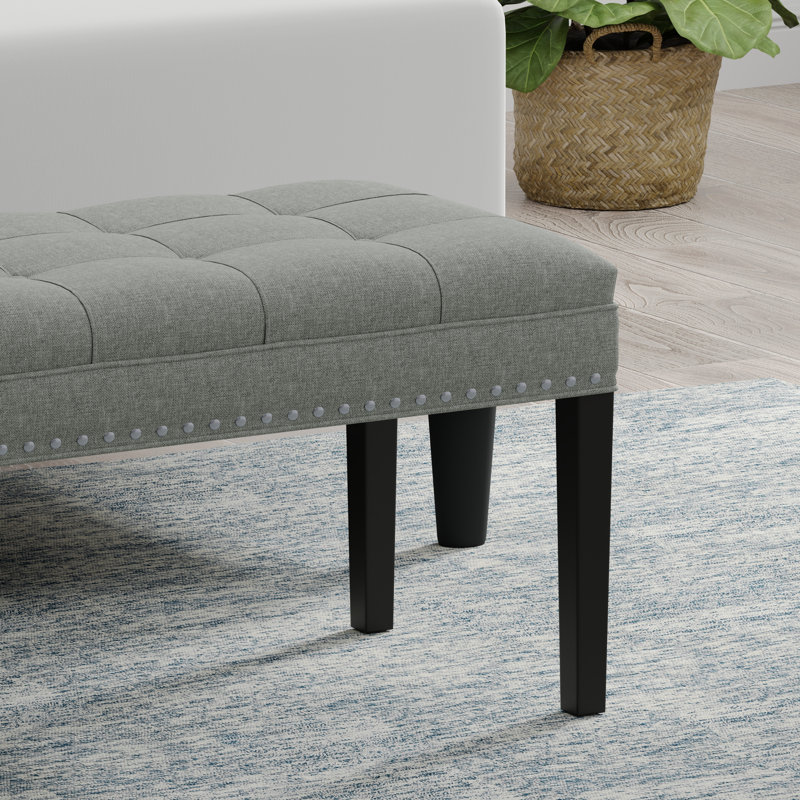46.5" Upholstered Bench with Nailhead Trim and Wood Legs, Stone