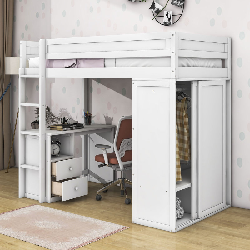 Clamart Wood Loft Bed with Wardrobes and 2 Drawer, White, Twin
