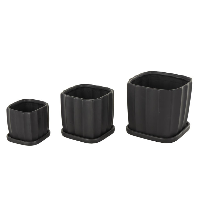 Cole And Grey 3 Piece Ceramic Ribbed Planter With Attached Saucer Set, Black