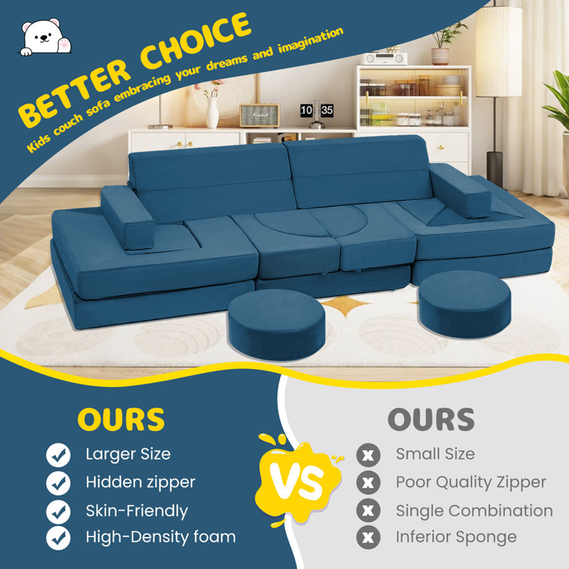 22Pcs Modular Kids Play Couch - Kids Couch for Playroom Bedroom Living Rooms Toddler Sofa for Inspiring Child Creativity，Children Convertible Foam Sofa, Dark Blue