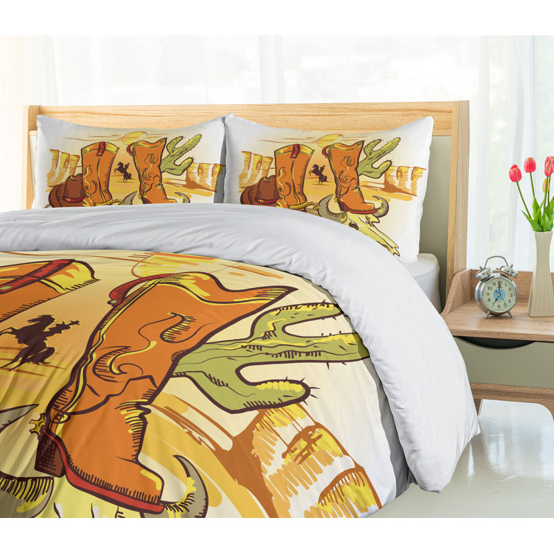 Queen Size Yellow Orange Cowboy Boots Duvet Cover Set