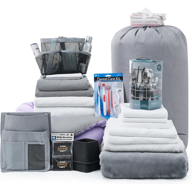 44 Piece College Dorm Bedding And Essentials Package, Purple/Gray