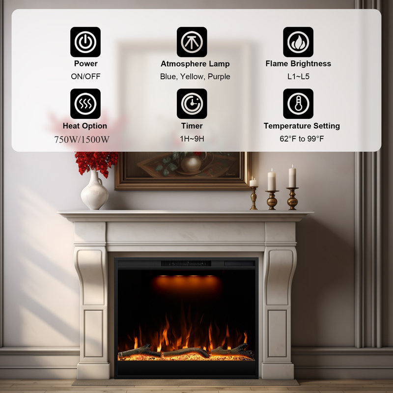 Foyer encastré électrique moderne, foyer chauffant de 750 W ou 1500 W, flamme réaliste réglable, minuterie, bûche artificielle, télécommande