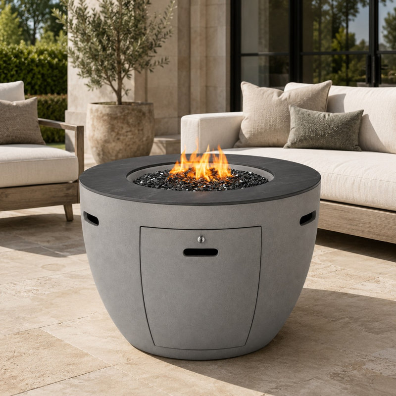 Table basse ronde pour foyer d'extérieur en composite - 50000 BTU avec couvercle en fer, brûleur en acier inoxydable et housse pour patio et jardin