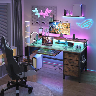 Gaming Desk With Fabric Drawers - 47 Inch Black Office Desk With File Cabinet Keyboard Tray Monitor Stand Power Outlets, Work PC Desks For Adult Boys Teen Home Office