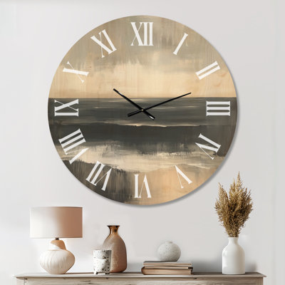 Quiet Coastal Horizon - Minimalist Round Wall Clock, Printed on Wood