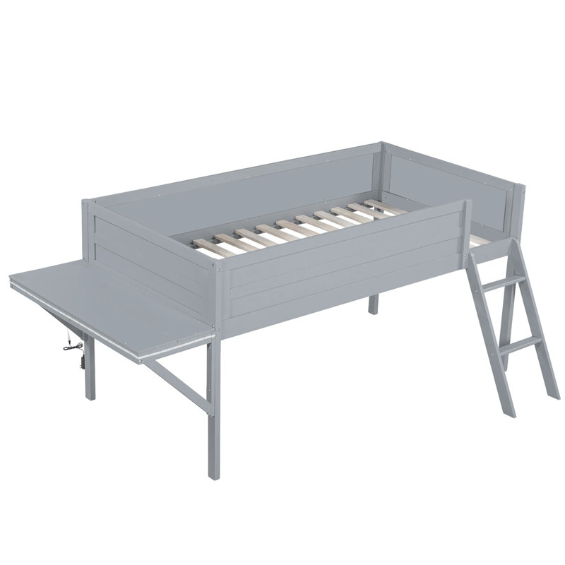 Lit mezzanine en bois avec bureau et DEL, gris, Simple