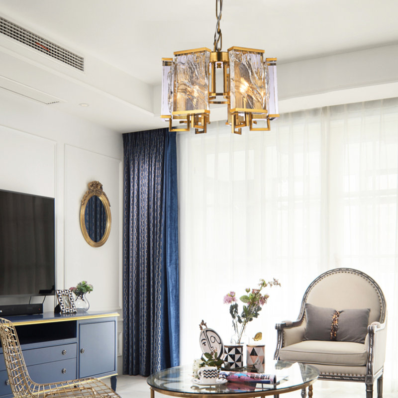 Lustre 6 lumières Jennette avec plaques en cristal transparent, Laiton