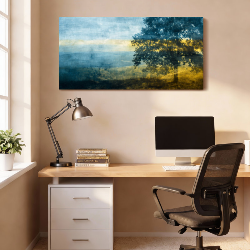 Ensemble de 1 tableau abstrait représentant un paysage d'arbres sur toile tendue, H 12 po x l 36 po