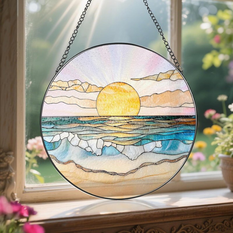 8" Beach Sunset Stained Glass Window Suncatcher