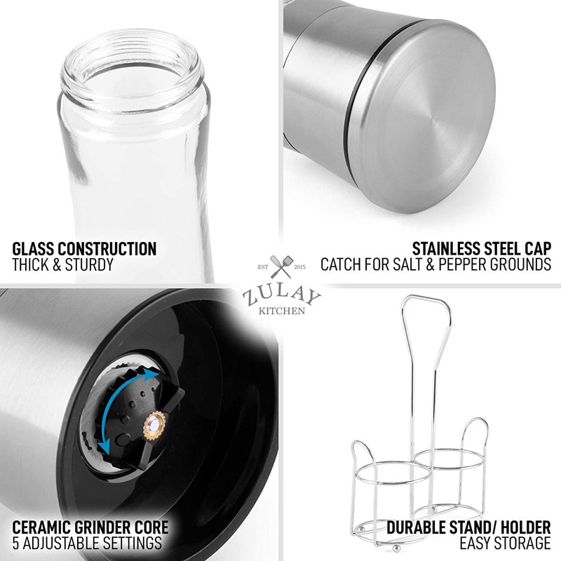 Zulay Kitchen Salt and Pepper Grinder with Lid Cap & Portable Holder 5 Coarseness Options - Silver