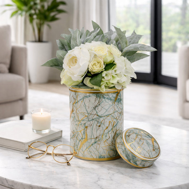 Modern Ceramic Marble Pattern Table Jar with Lid for Home Decor - Decorative Cylindrical Tall Jar for Storage Accent or Shelf Styling - Green