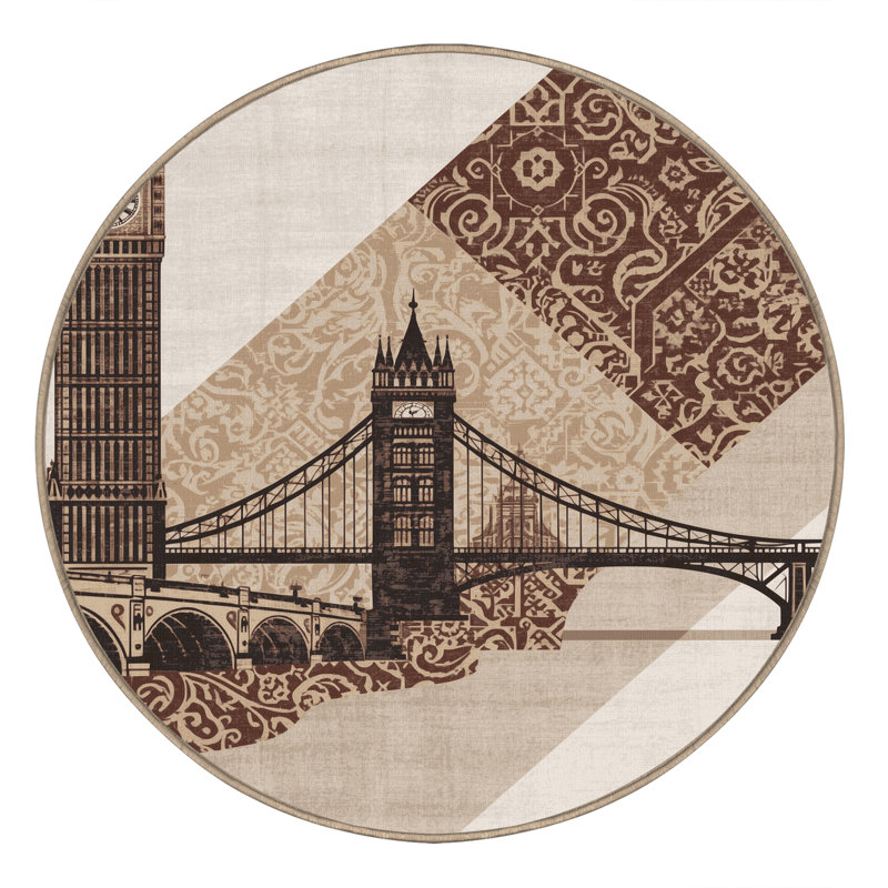 Machine Washable Paxon Classic Oriental Rug in Beige – Beige Binding, 4' Round