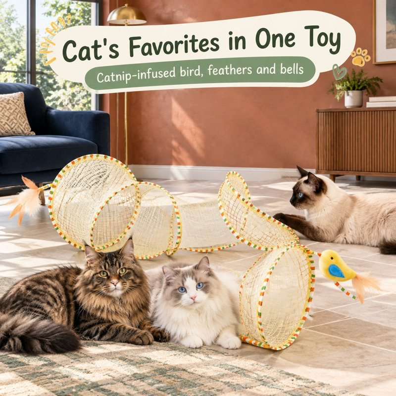 Conçu pour les chats d'intérieur, ce tunnel de chasse à ressort en spirale s'ouvre jusqu'à 50 cm et associe une plume à une clochette pour des jeux autonomes chez les chatons.