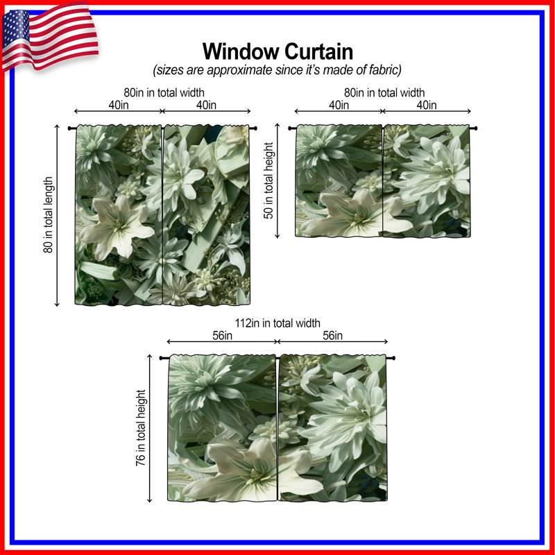Rideaux de fenêtre blancs et verts à motif floral transparent et obscurcissant - 2 panneaux, 40in x 52in - 2 panels, Sheer