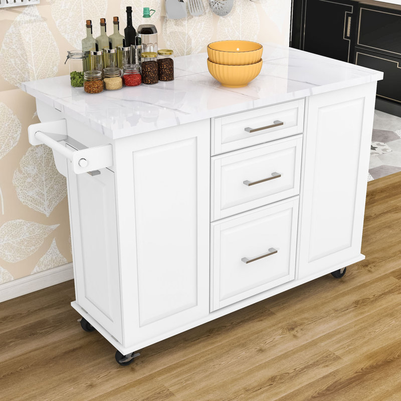 Chariot roulant pour îlot de cuisine avec poubelle inclinable, abattant, armoire coulissante et 2 tiroirs, Blanc
