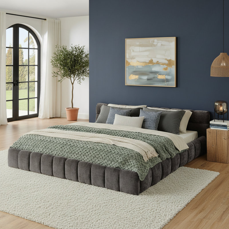 Très grande base de lit tapissier avec tissu chenille épais, Gris foncé