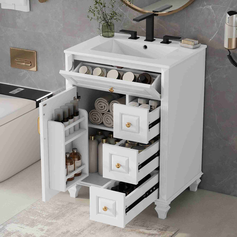 Meuble-lavabo de salle de bain avec lavabo, Blanc, Doré, 24"