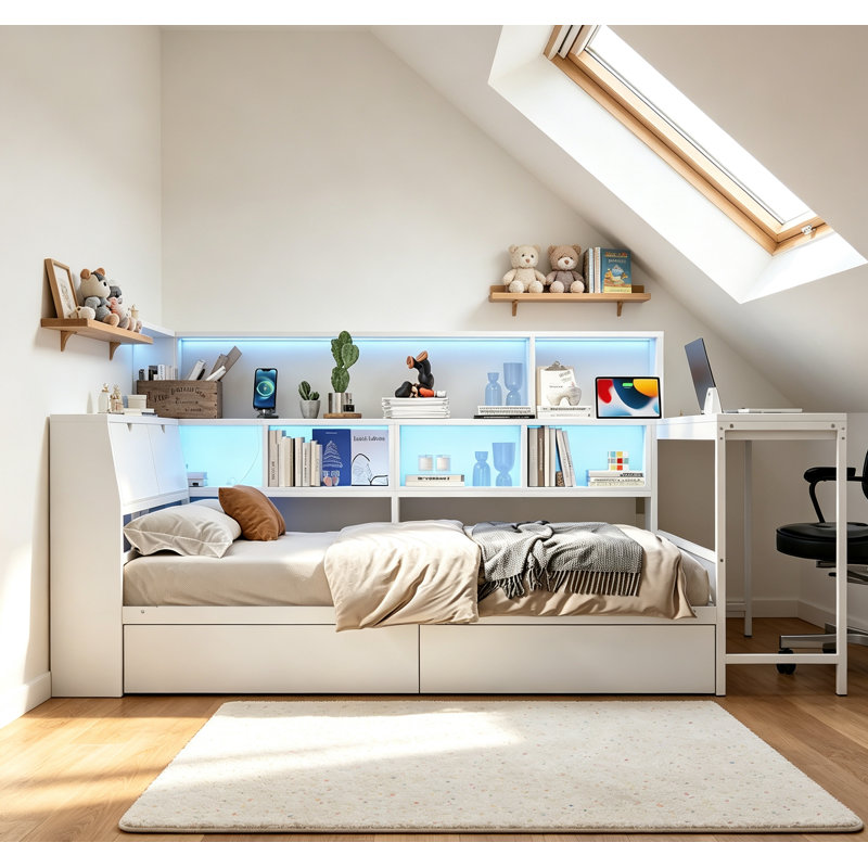 Cadre de lit d'angle avec bibliothèque, 2 tiroirs de rangement sous le lit et casiers de rangement ouverts, lit de jour moderne en métal avec lumière DEL et station de charge pour les petits espaces