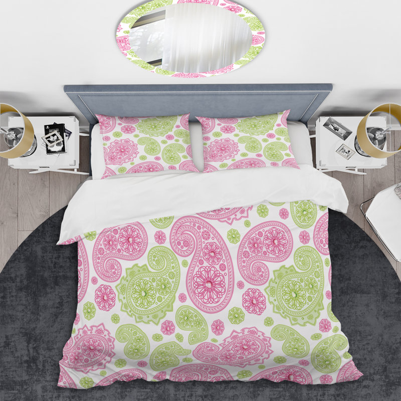 Cachemire rose et vert à motif floral - Ensemble de housse de couette abstrait - Microfibre de polyester