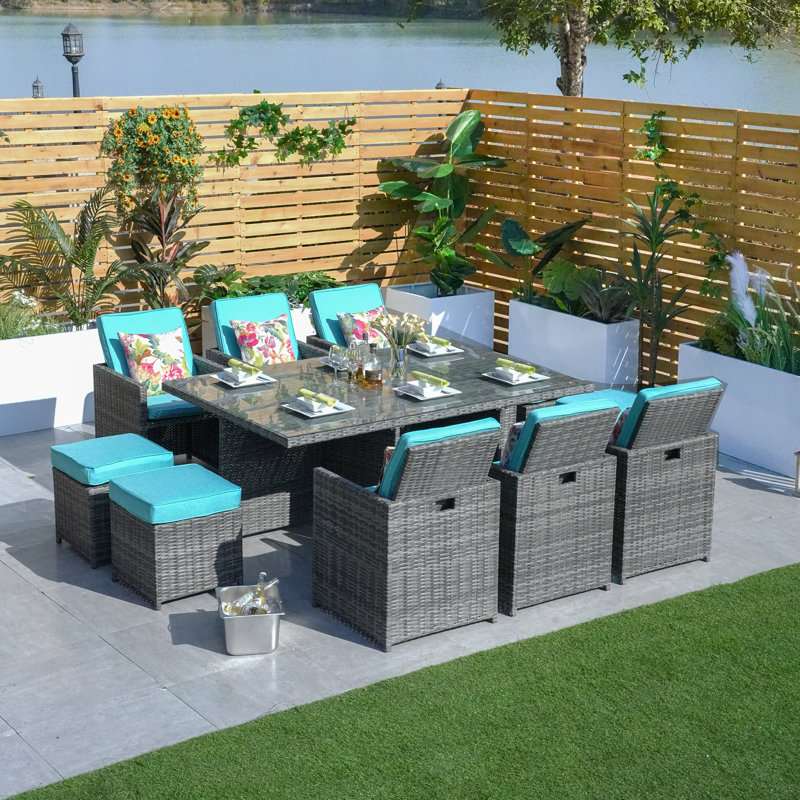 Amher 10 - Person Wicker Patio Dining Set with Rectangular Table , Cushions Included, Gray, Green