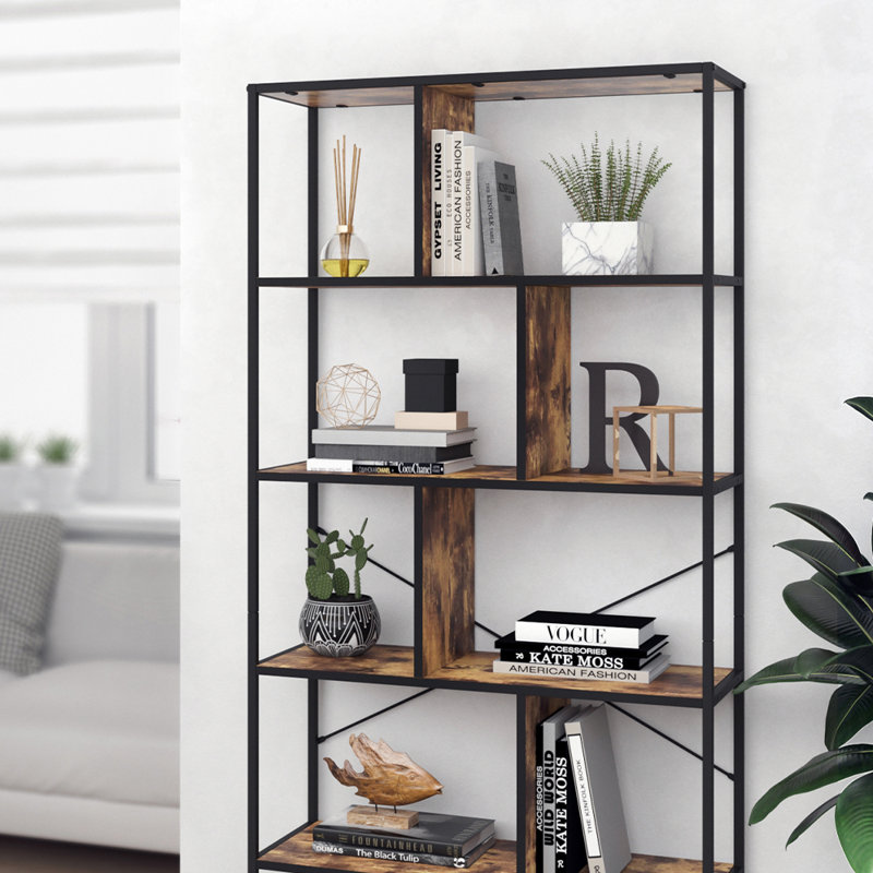 Colette 180cm H x 80cm W Iron Standard Bookcase, Antique Wood