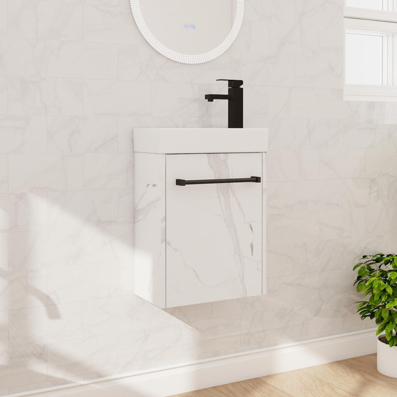 Petit ensemble de meuble-lavabo 16 po, meuble-lavabo mural simple avec comptoir de lavabo en céramique, meuble-lavabo flottant avec 1 porte