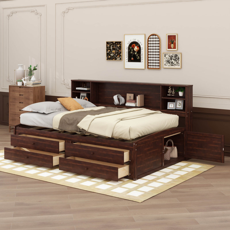 Full-Size Wooden Captain's Bed With Built-In Storage Shelves, Four Drawers, And Two Cabinets