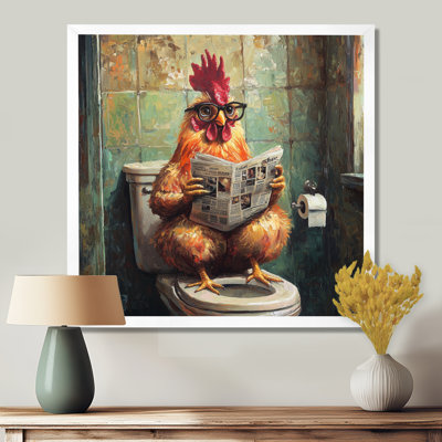 Kermina Rooster lecture du journal dans la toilette II - coq, art mural