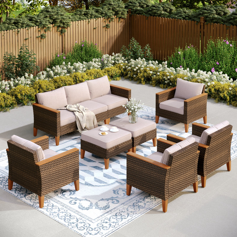Argyri Wicker Outdoor Patio Conversation Furniture Sectional Set, No, Beige