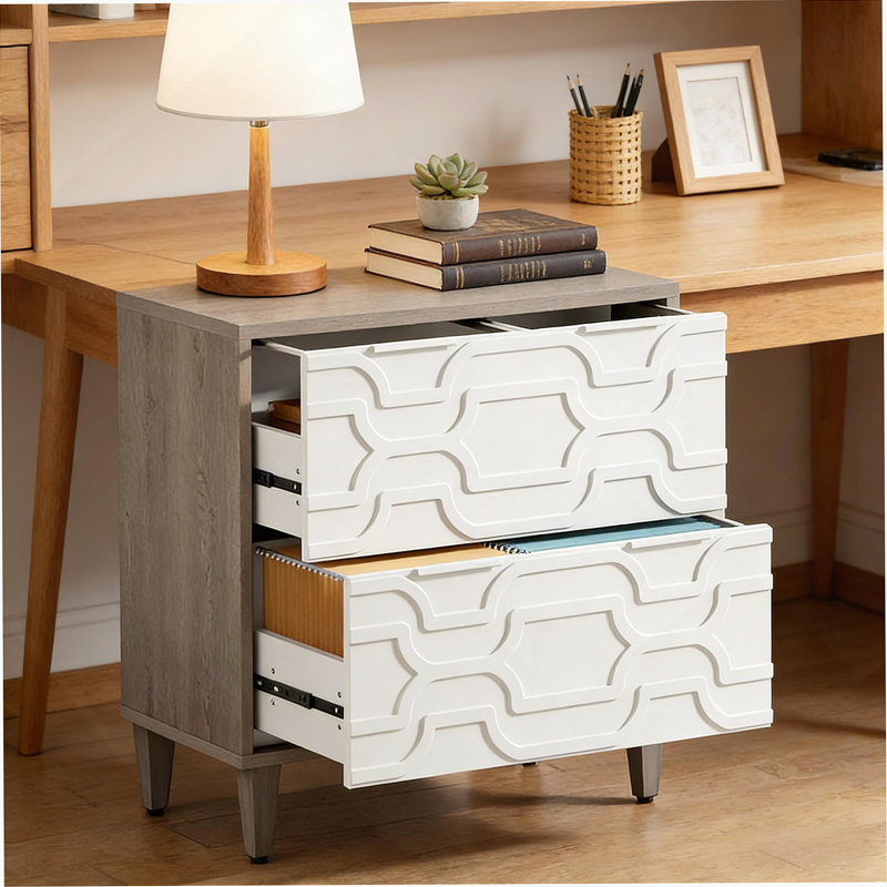 Classeur 2 tiroirs, armoire de rangement spacieuse, Gris / Blanc