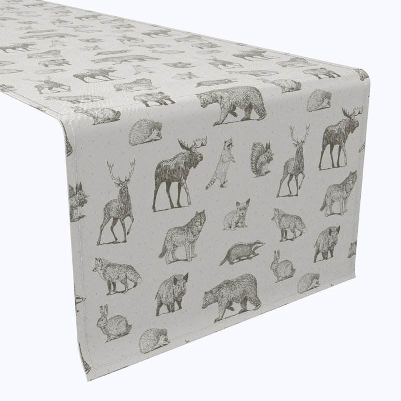 Table Runner, 100% Cotton, 16X108", Hand Drawn Wild Animals, 90" L x 16" W