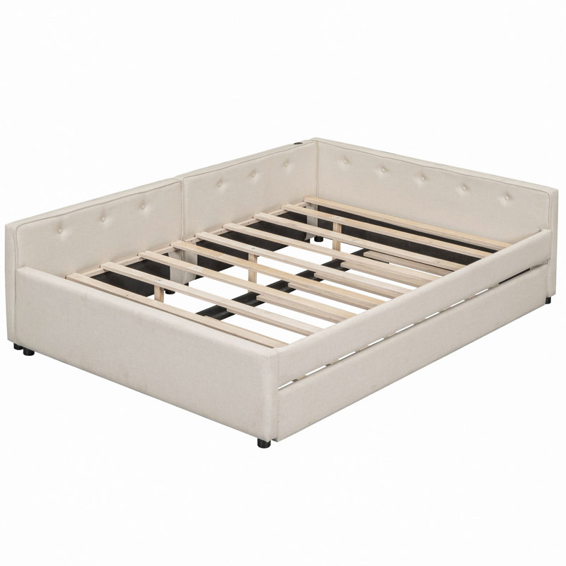 Lit plateforme tapissier avec port USB et gigogne, beige