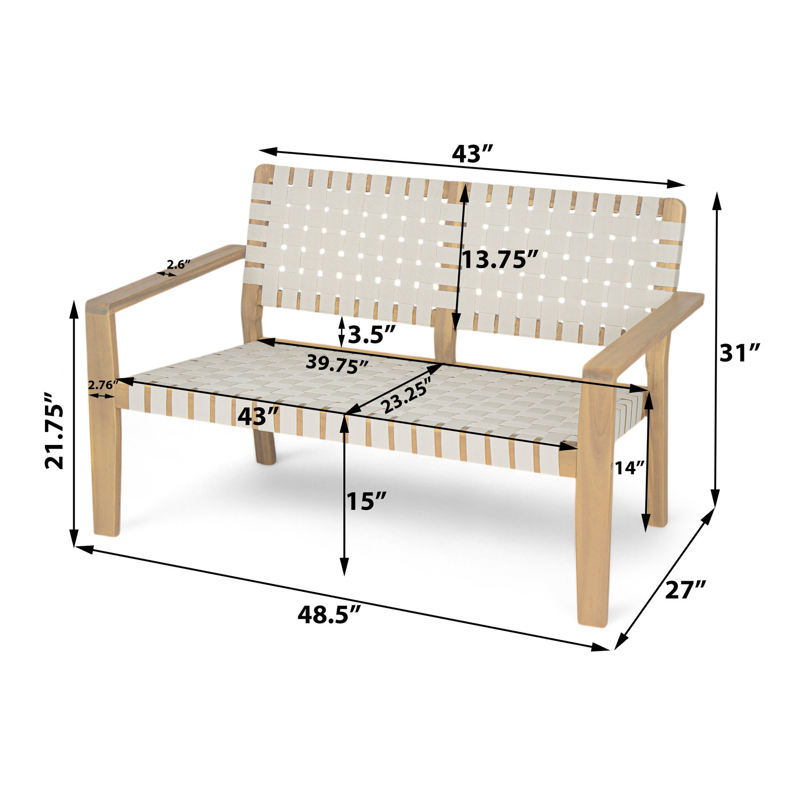 Melvin Acacia Wood Patio Loveseat, White/Light Teak