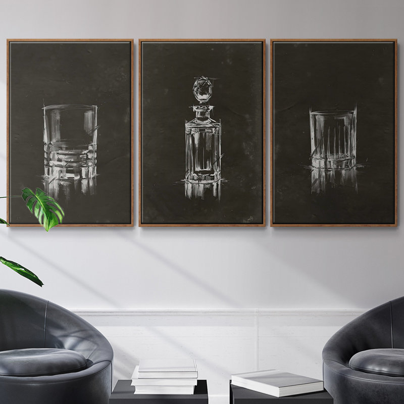 Ensemble de 3 pièces cristal Barware V encadré sur toile, Noyer, H 27 po x l 54 po