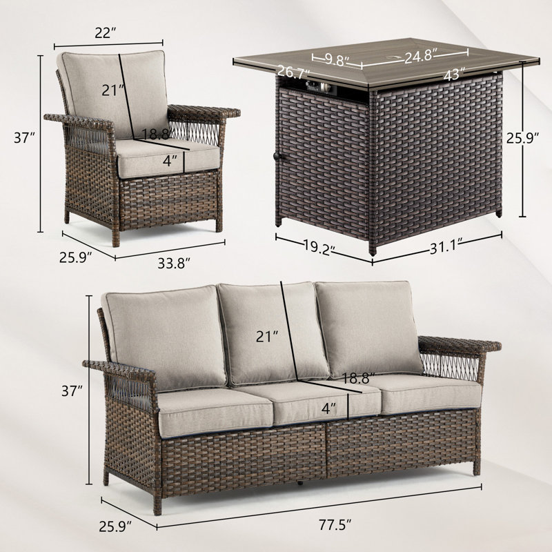 Anferney 5 - Person Outdoor Wicker Patio Sofa Seating Group with Fire Pit Table and Cushions, Beige