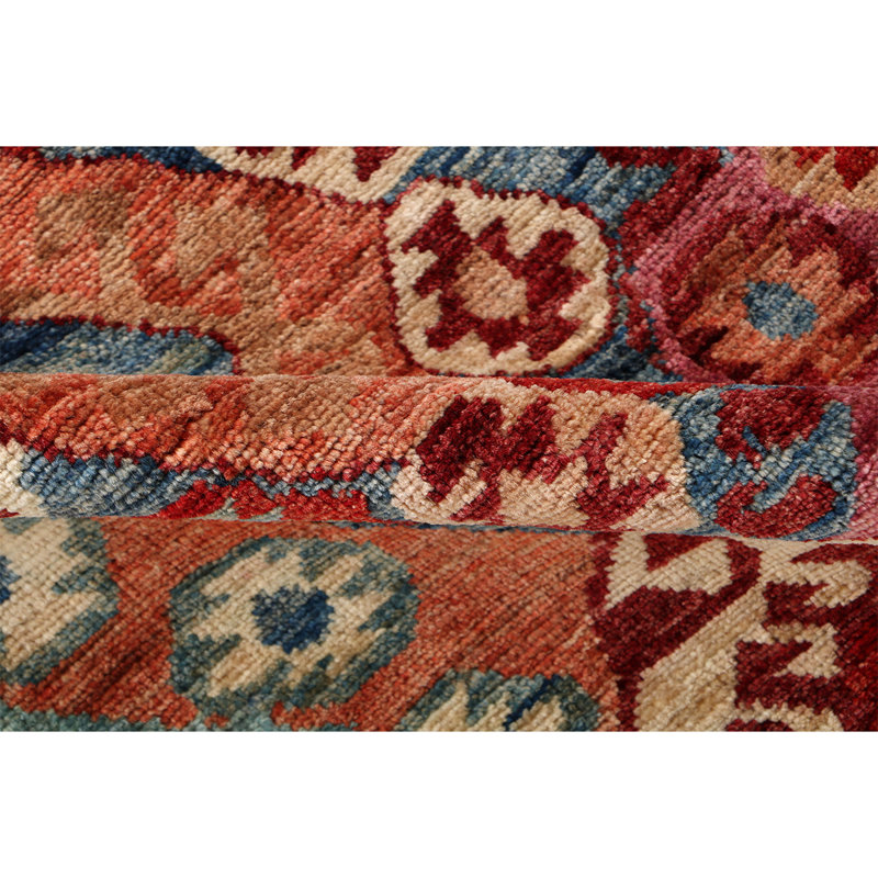 Tapis de couloir unique en laine noué à la main de qualité supérieure de 2 pi 5 po x 11 pi 9 po en rouge / bleu / orange / ivoire