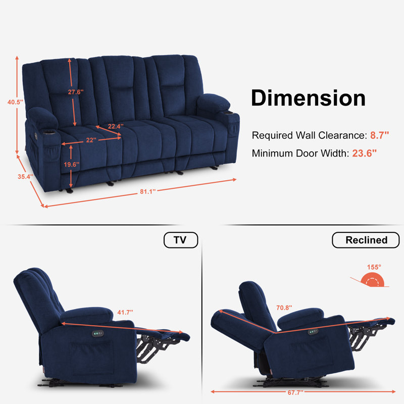 Canapé inclinable électrique 3 places Xannon, Mélange de polyester bleu marine